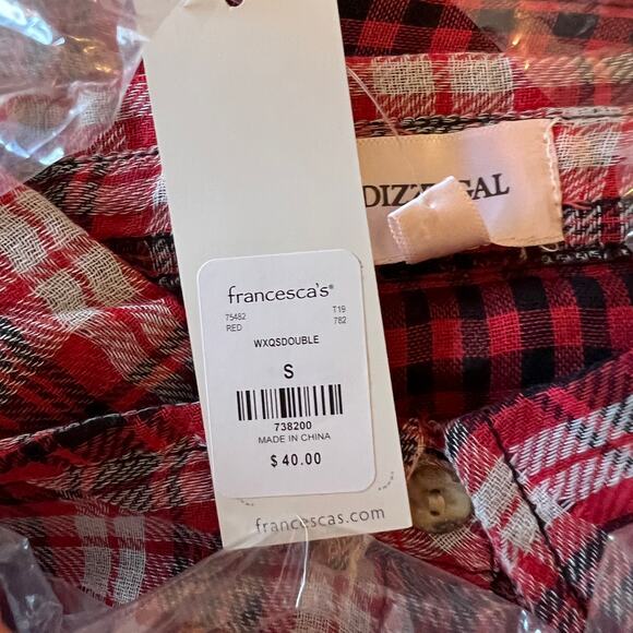 NWT Francesca's Dizzy Gal Red, Black & White Plaid Button Shirt - Picture 7 of 10
